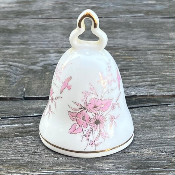 Vintage Signed Kronach Porcelain Bell Pink Flowers Birds Made in West Germany - Picture 2 of 7